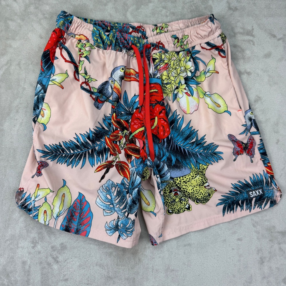SAXX Oh Buoy 2N1 Volley Swim Trunks Mens Large Pink Tropical Jungle Toucan 7 "